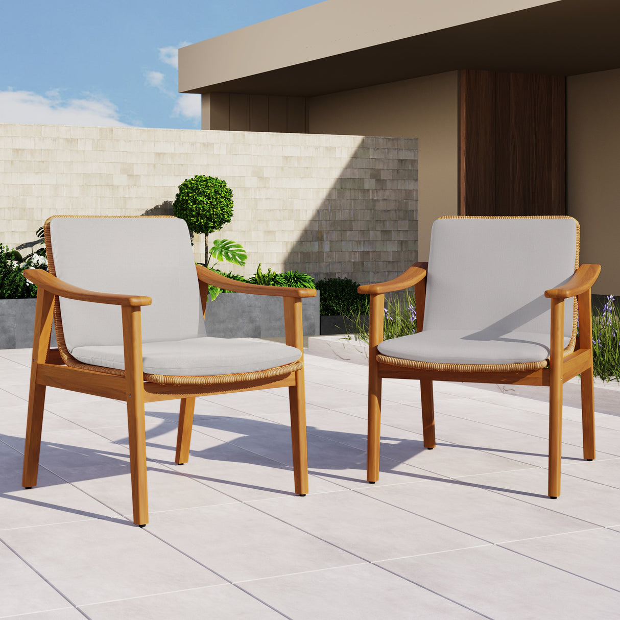 Outdoor Dining Chairs Set of 2, Teak Color Acacia Wood Frame