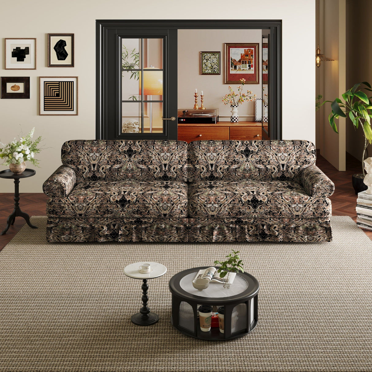 Luxuriously Comfortable Cloud Couch Sofa With Elegant Rolled Arms & Pleated Skirt Design