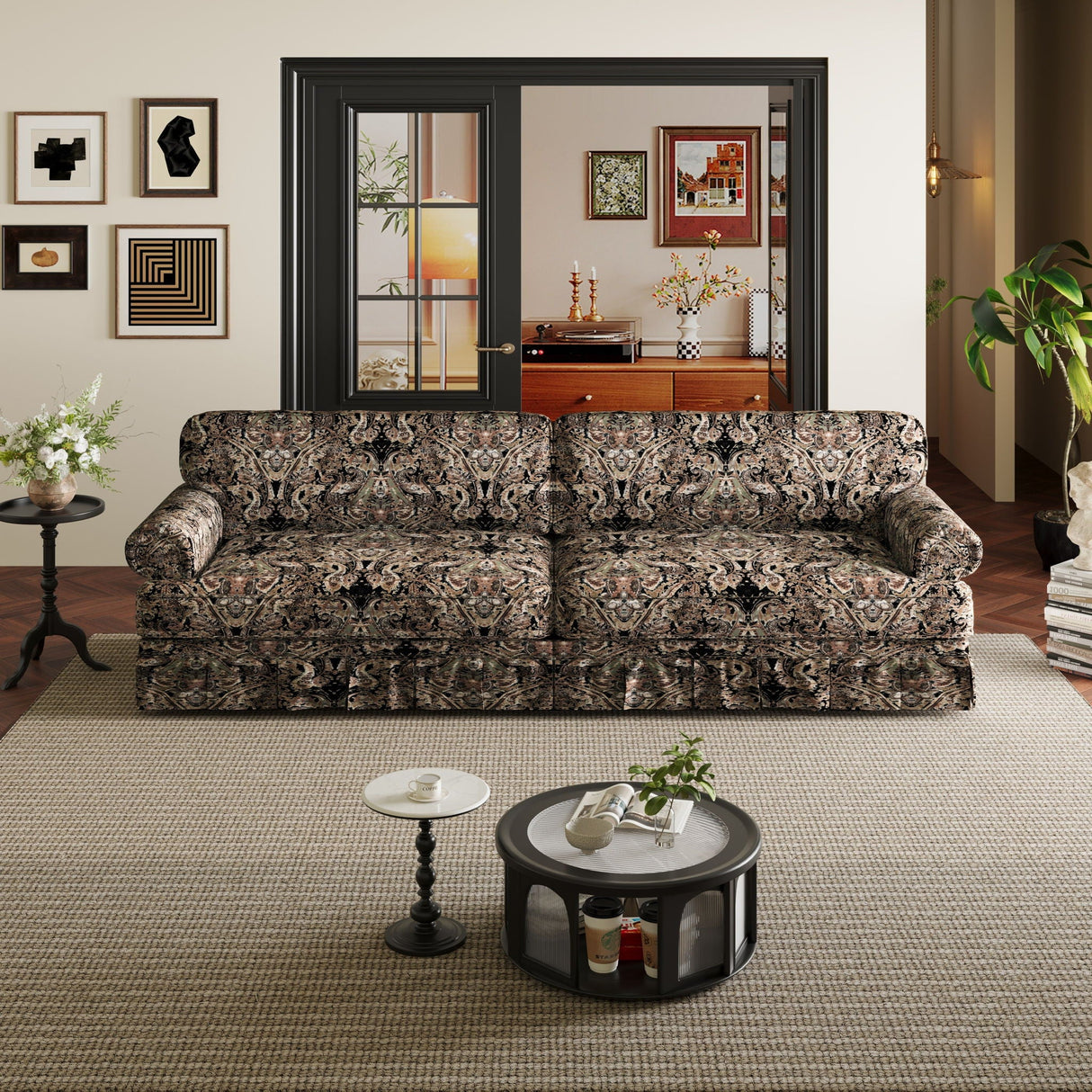 Luxuriously Comfortable Cloud Couch With Elegant Rolled Arms & Pleated Skirt Design