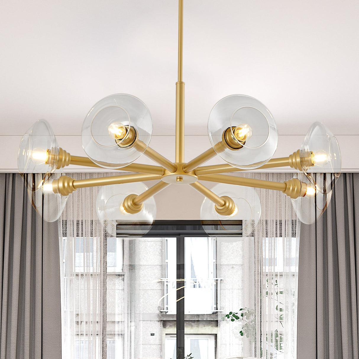 36' Modern Gold 8-Light Sputnik Chandelier with Clear Glass Shades, Mid-Century Hanging Pendant Light Fixture for Dining Room, Living Room, or Kitchen (Bulb Not Included)