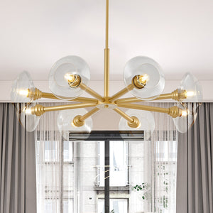 36' Modern Gold 8-Light Sputnik Chandelier with Clear Glass Shades, Mid-Century Hanging Pendant Light Fixture for Dining Room, Living Room, or Kitchen (Bulb Not Included)