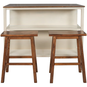 Rustic 3 Piece Stationary Kitchen Island Set With 2 Seatings, With 2 Open Shelves