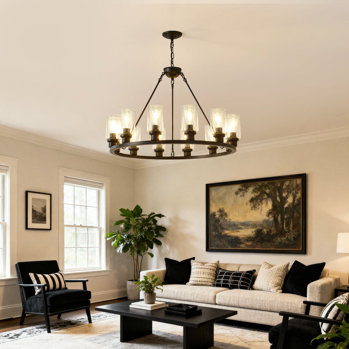 Black Wagon Wheel Chandelier 31.5 Inch Modern Farmhouse Glass Pendant Light 12-Light Ceiling Hanging Lighting Fixtures for Living Room Dining Room Kitchen Island Foyer--NO INCLUDED BULBS