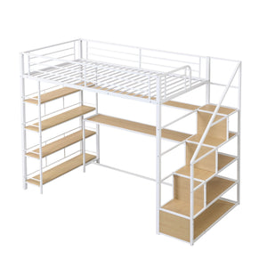 Twin Size Loft Bed With Built In Desk, Staircase Storage & 4 Tier Shelves - White