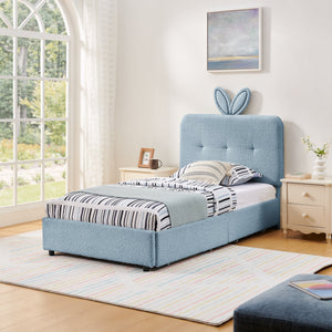 Twin Size Kids Upholstered Bed with Oversized Rabbit Ear Headboard, LED Light & 4 Storage Drawers, Boucle Fabric (79.5''X40.75''X41'')