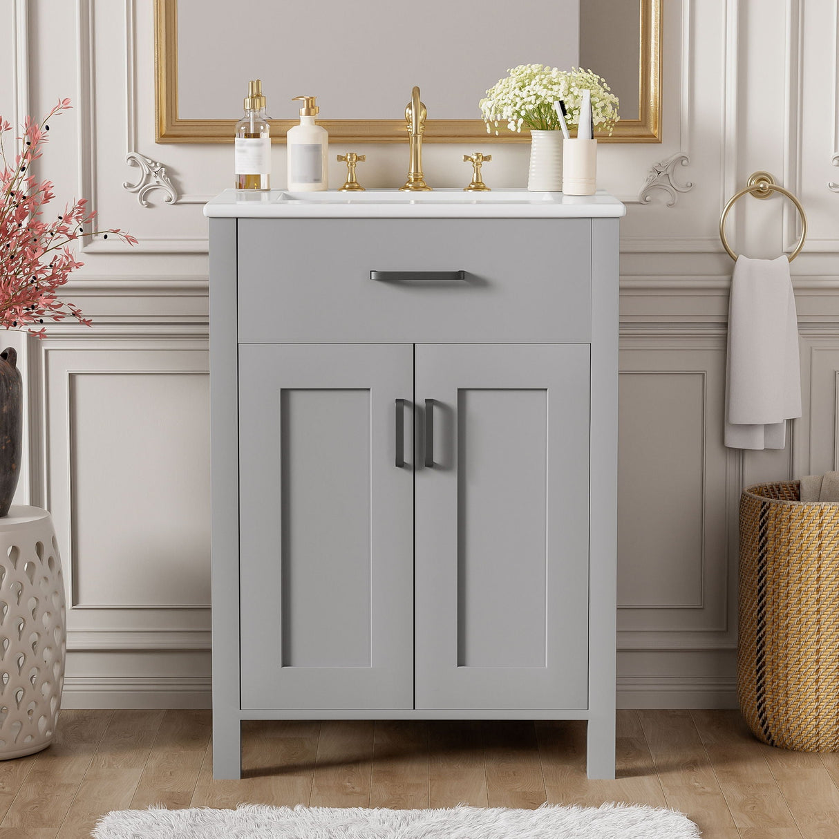 Bathroom Vanity With Ceramic Sink, Soft Close Doors, Flip Drawer, Double Layer Door Shelves