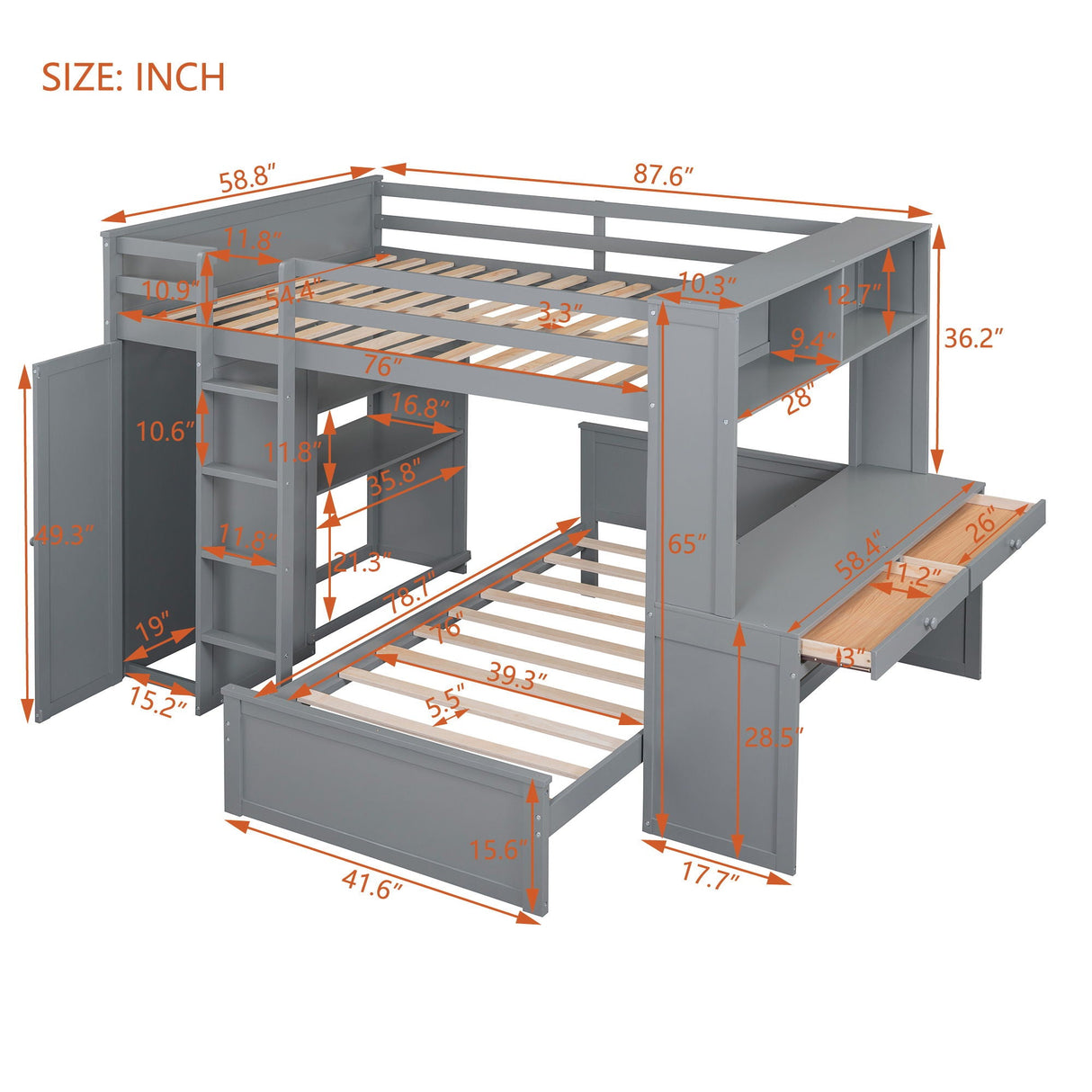 Loft Bed With A Twin Size Standalone Bed, Shelves, Desk, And Wardrobe