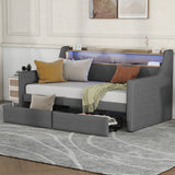 Twin Size Linen Upholstered Daybed with Storage Drawers and LED Lights