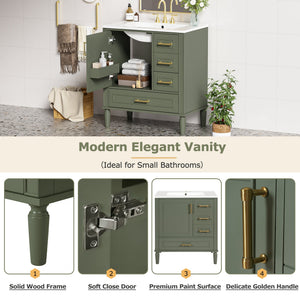 Elegant Olive Green 30' Bathroom Vanity with Ceramic Sink and Ample Storage, Solid Wood and MDF Construction