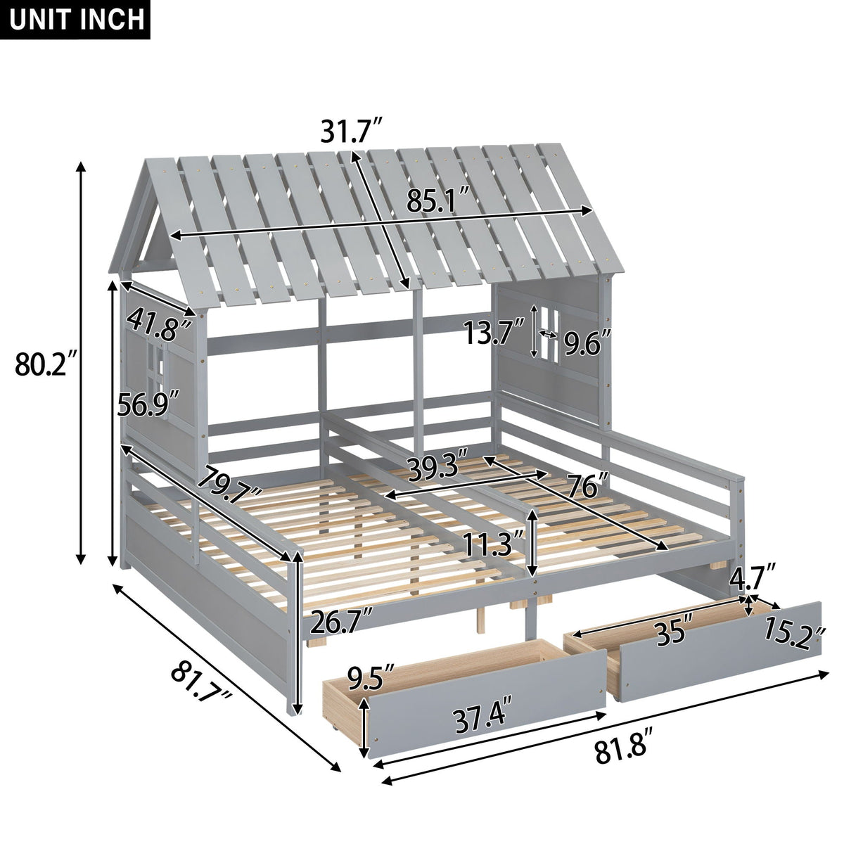 House Platform Beds With 2 Drawers, Side By Side Design