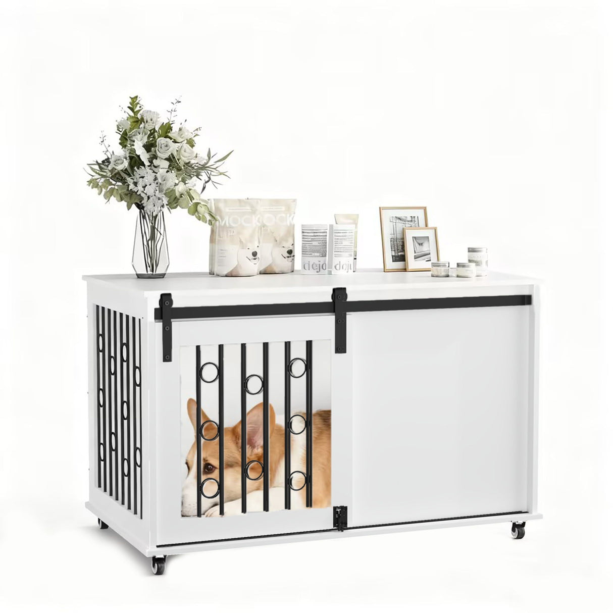 Dog Crate With Sliding Barn Door And Side Access, Lockable Wheels For Small To Medium Dogs - White