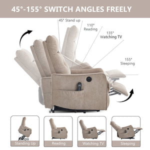Khaki Chenille Power Lift Recliner Chair with Massage and Heat