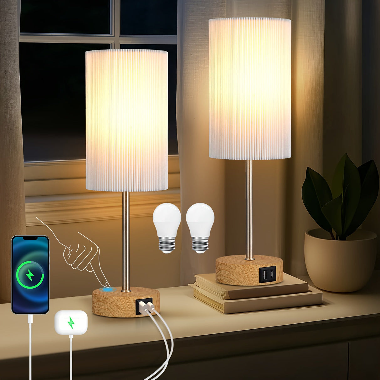 2-Pack Touch Control USB Table Lamps – 3-Way Dimmable LED Bedside Light Set