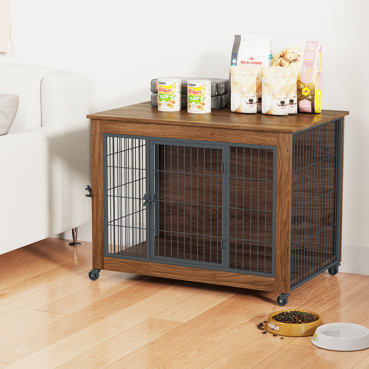38.6" Dog Crate Furniture with Wheels for Small Dogs