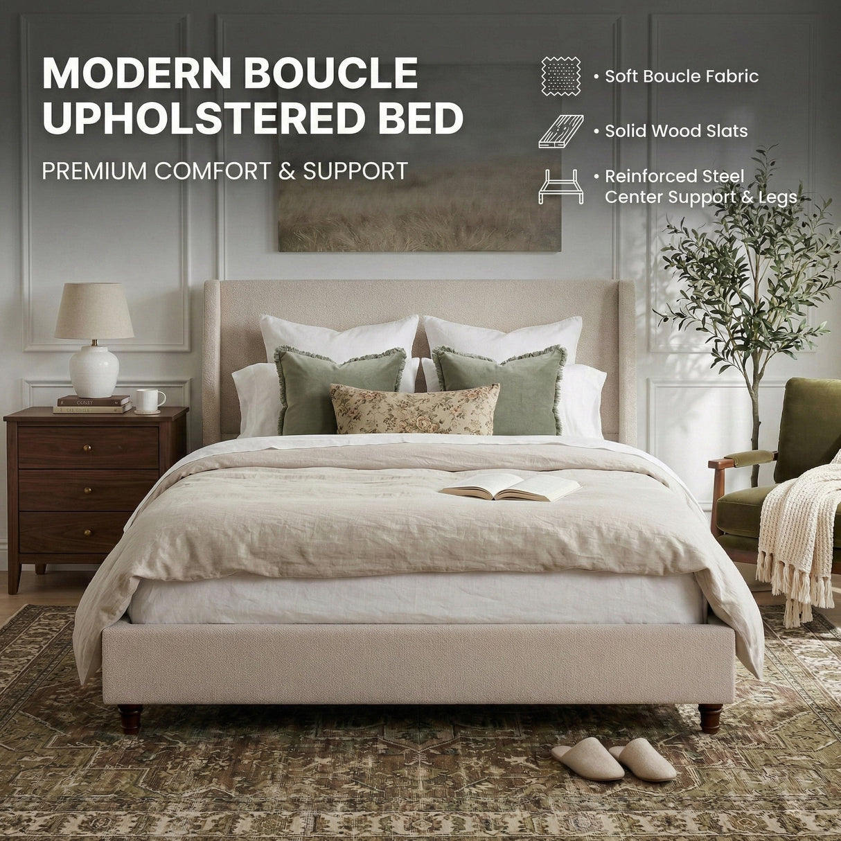 52.7" Tall Wingback Upholstered King Size Platform Bed Frame
