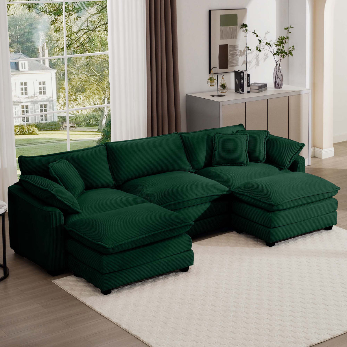 Modern Modular Cushion Sofa Set with Ottoman - Fabric, Multiple Colors