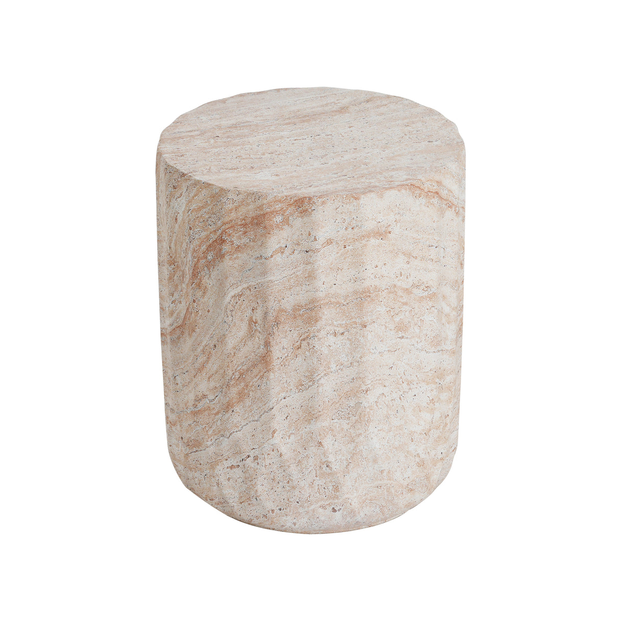 Elegant Indoor/Outdoor Lightweight Concrete Cylinder Side Table with Travertine Finish, Beige