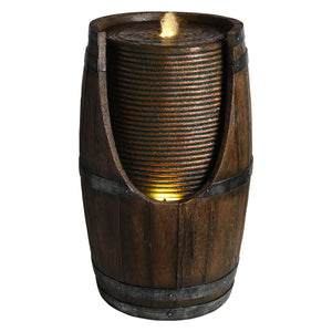 Outdoor Barrel Water Fountain with Lights Rustic Wood Look Resin Handmade Waterfall Garden Decor for Patio Yard Porch