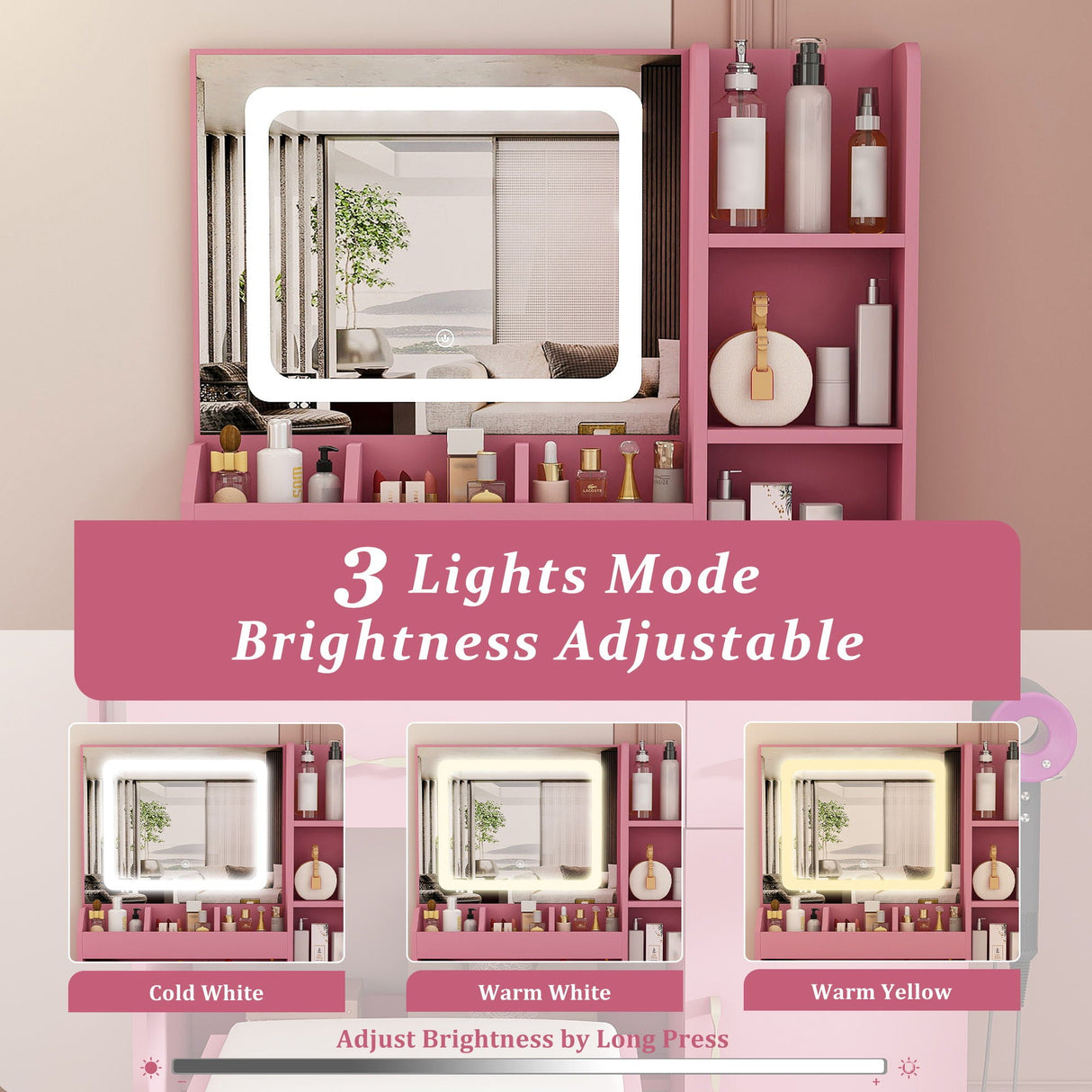Vanity Desk With LED Mirror Lights And Power Outlet Charging Station, 3 Drawers, 7 Shelves, Storage Stool - Pink