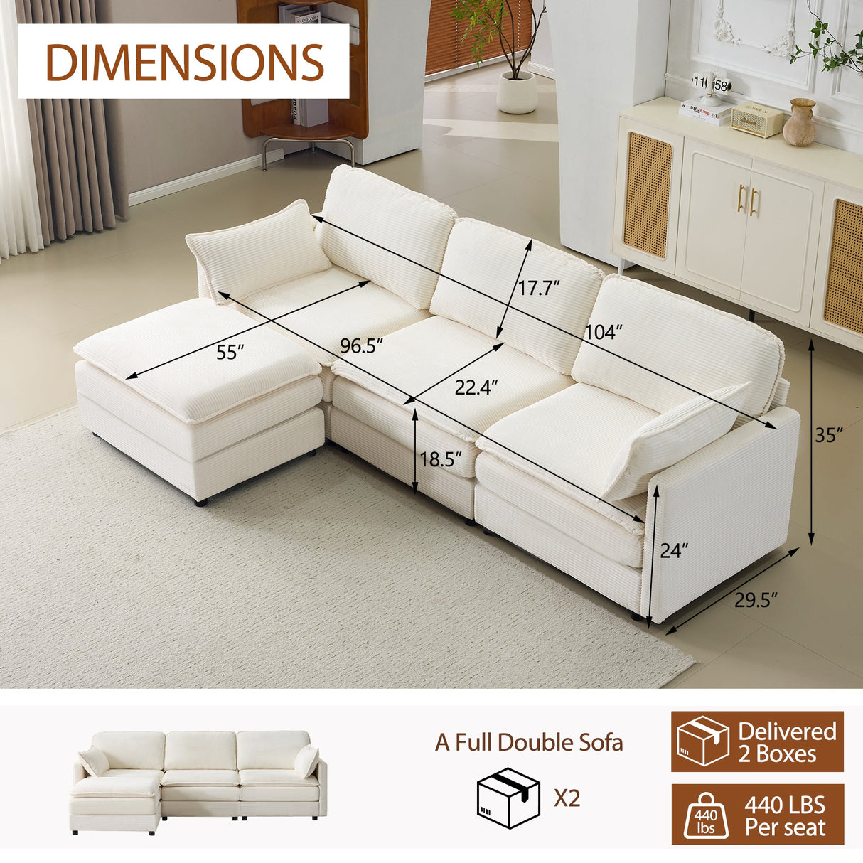 104" Plush Cloud 3 Seater Sofa: Modular Design with Ottoman