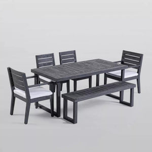 Outdoor 6 Seater Dining Set With Bench - Dark Gray / Light Gray