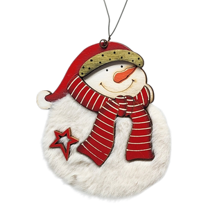 Fuzzy Wooden Snowman Ornament - 4 Inches
