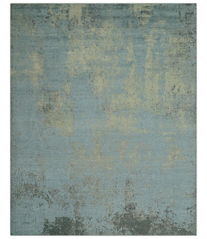 Abstract Design Blue, Beige And Gray 8x10 Hand Knotted Wool and Bamboo Silk Rug