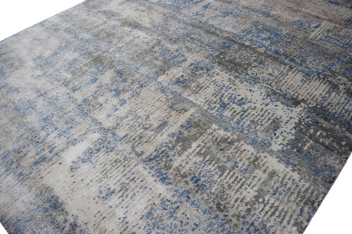 Modern Abstract Gray and Blue Bamboo Silk Hand Knotted 8x10 Area Rug