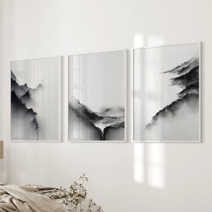 Black White Mountain Landscape Art Set of 3. Calming Nature