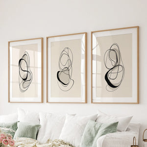 Black and Beige Abstract Set of 3 Wall Art. Minimalist Lines