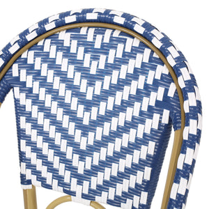 Outdoor Rattan French Barstool Set,, Bamboo, Seat Height - Navy Blue / White