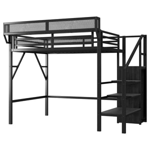 Twin Size Loft Bed with Stairs, Metal Full Loft Bed with Storage Shelves