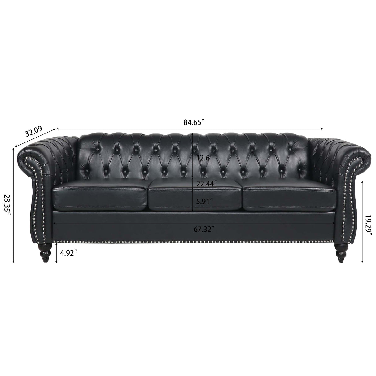 84.65' Black PU Rolled Arm Chesterfield Three Seater Sofa