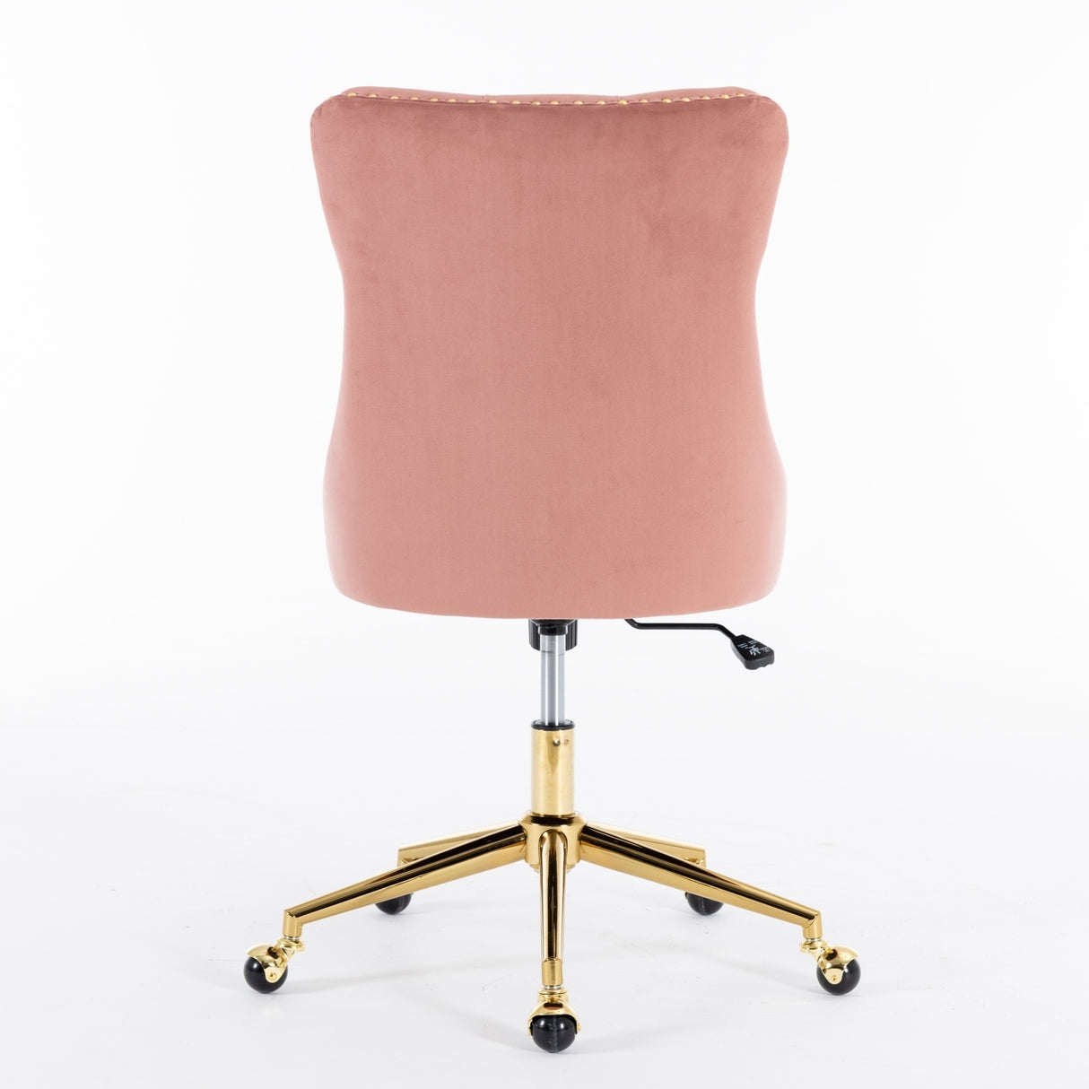 Velvet upholstered tufted chair with golden metal adjustable swivel base