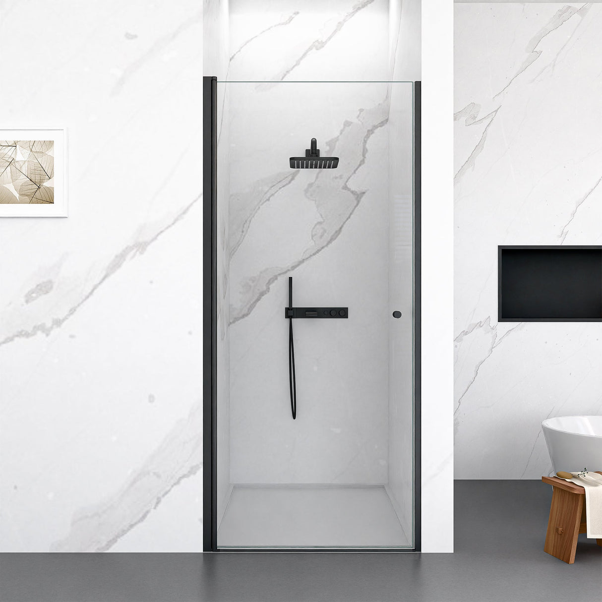 32"W x 72"H Frameless Circular Pivot Shower Door in Matte Black