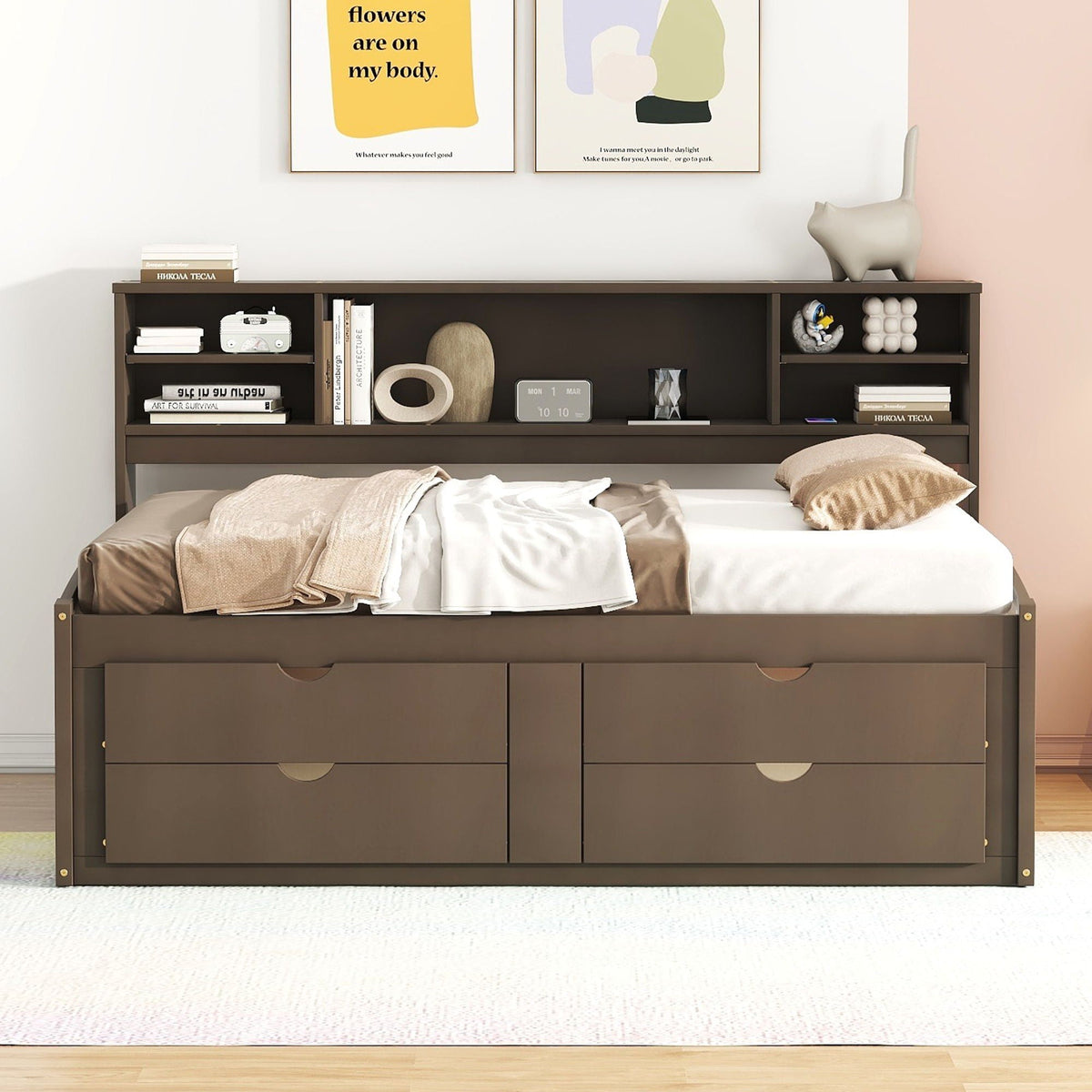 Daybed With 2 Bedside Cabinets, Upper Shelves And 4 Drawers