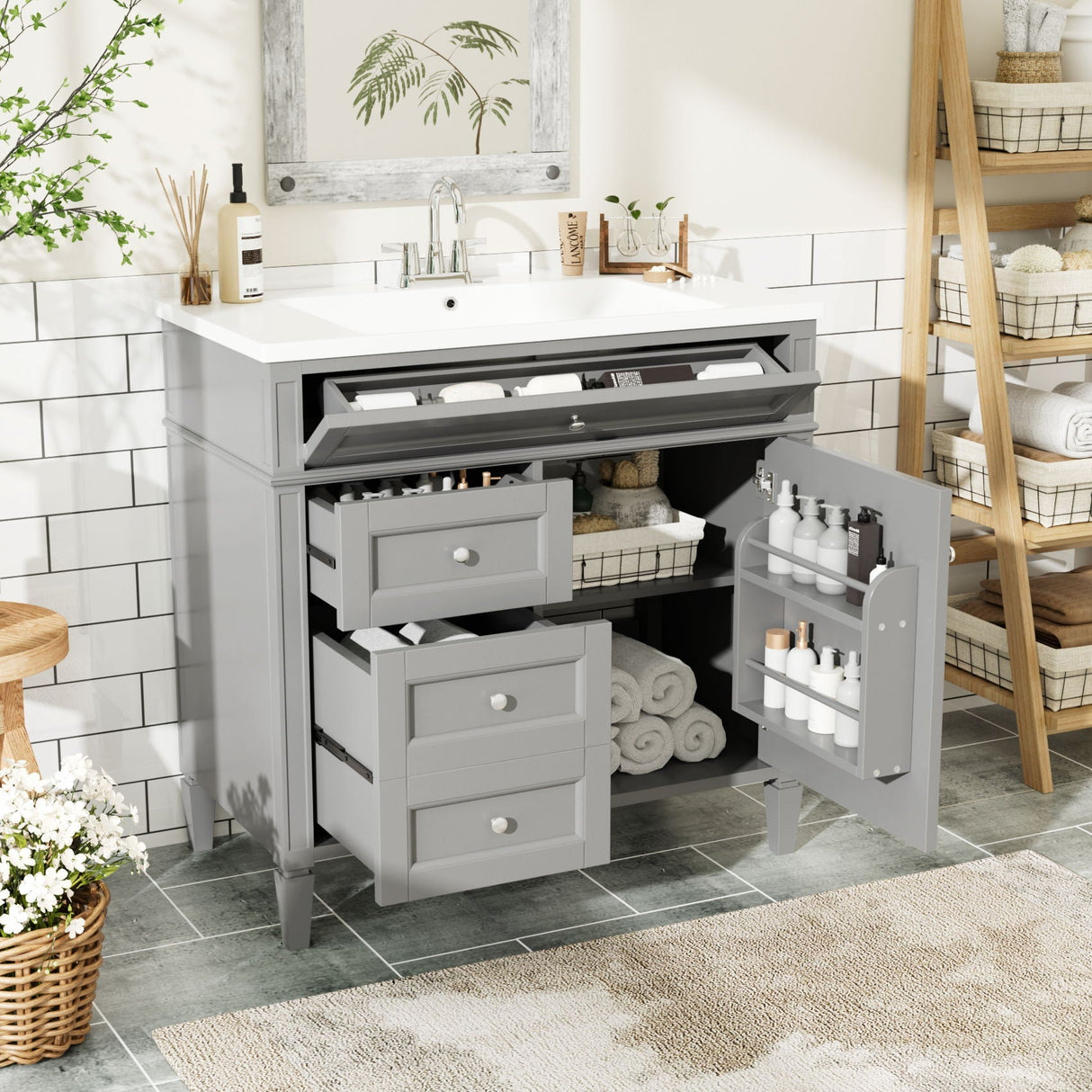 Bathroom Vanity With Top Sink, 2 Drawers and Tip Out Drawer