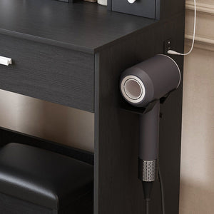 Vanity Table With Mirror, Adjustable LED Lights, Power Outlet, Hairdryer Holder & Stool