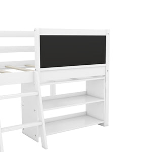 Low Loft Bed With Movable Shelves And Ladder, Decorative Chalkboard Guardrail