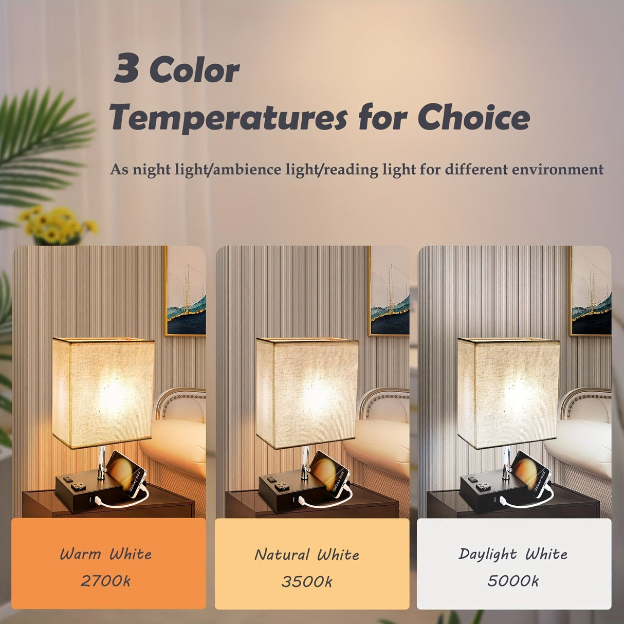 USB Table Lamp with AC Outlet – 3 Color Bedside Lamp with Fabric Shade & Bulb
