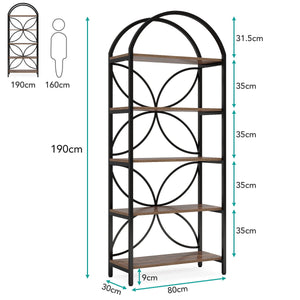 Tall 5 Tier Arched Bookshelf With Shelves For Living Room - Rustic Brown