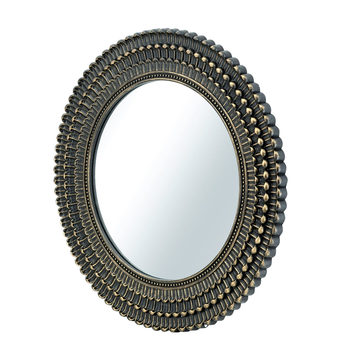Round Black and Gold Wooden Accent Mirror with Woven Texture - 26.5"