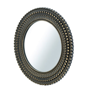 Round Black and Gold Wooden Accent Mirror with Woven Texture - 26.5"