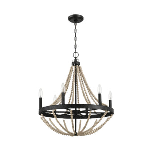 Starry - Chandelier 6 Candle Light Wood Beaded Pendant Light For Dining Room - Black / Clear