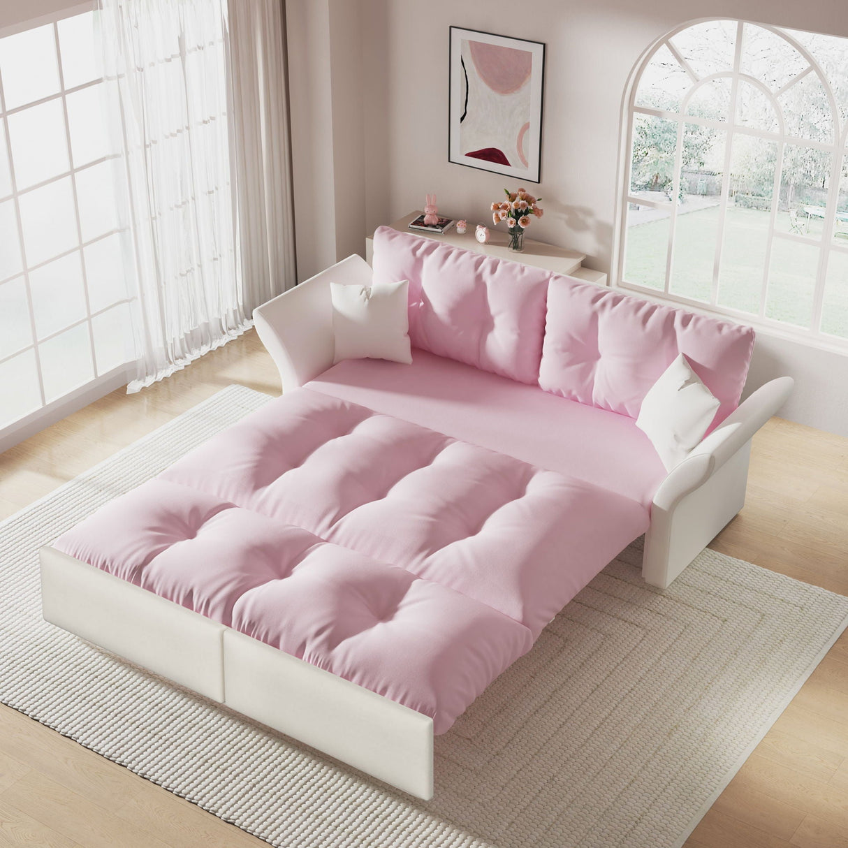 Queen Pull Out 3-in-1 Convertible Sleeper Tufted Sofa & 2 Soft Pillows