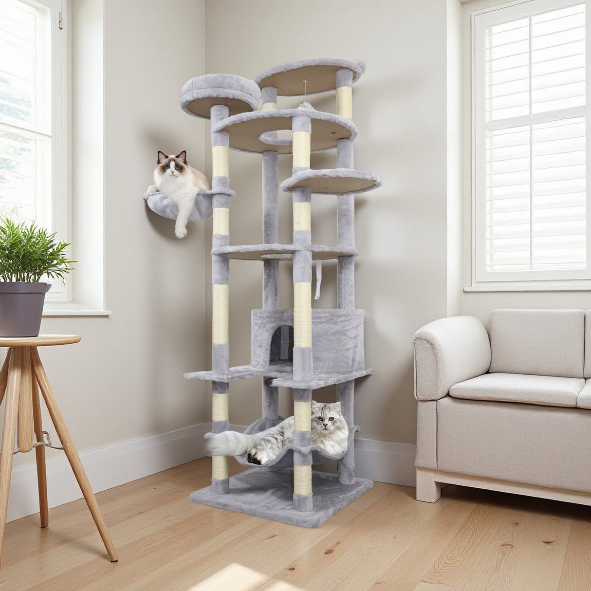 Gray Cat Tree with 3 Condos and Sisal Scratching Posts
