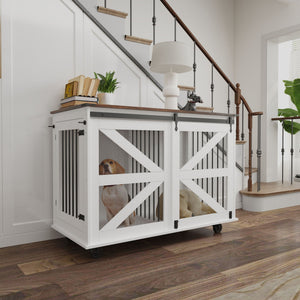 Mobile Dog Crate With Flip Top Feeding Door, Dual Access & 5 Caster System (2 Locking) - Brown White