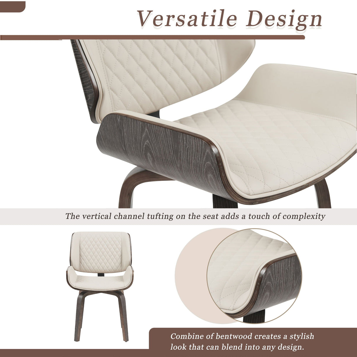 Mid Century Modern Dining Chair 360° Swivel, Ergonomic Design Upholstery, Bentwood Frame, (Set of 2) - Beige