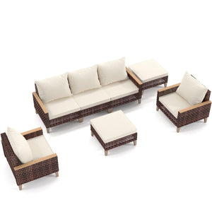 5 Piece Rattan Terrace Furniture Set, 7 Seats Cushions, High Footed Design