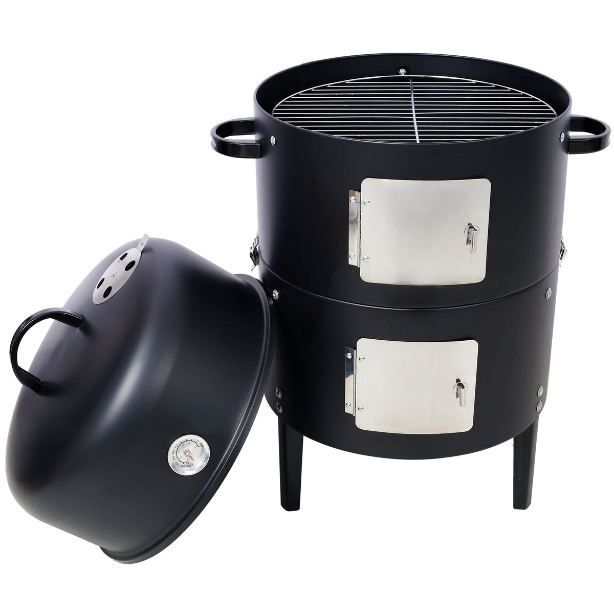 Heavy Duty Round Bbq Grill 17" Steel Charcoal Smoker For Outdoor Cooking - Black